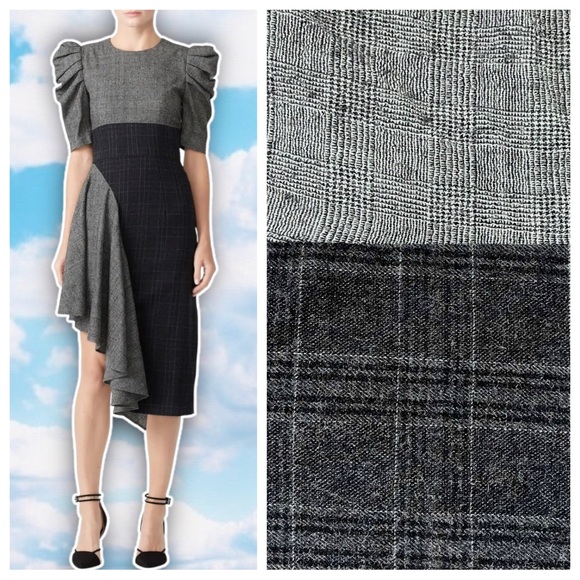AMUR Uma Dress Wool Glen Plaid Puff Sleeve Asymmetrical Academia Preppy Career - Picture 1 of 16